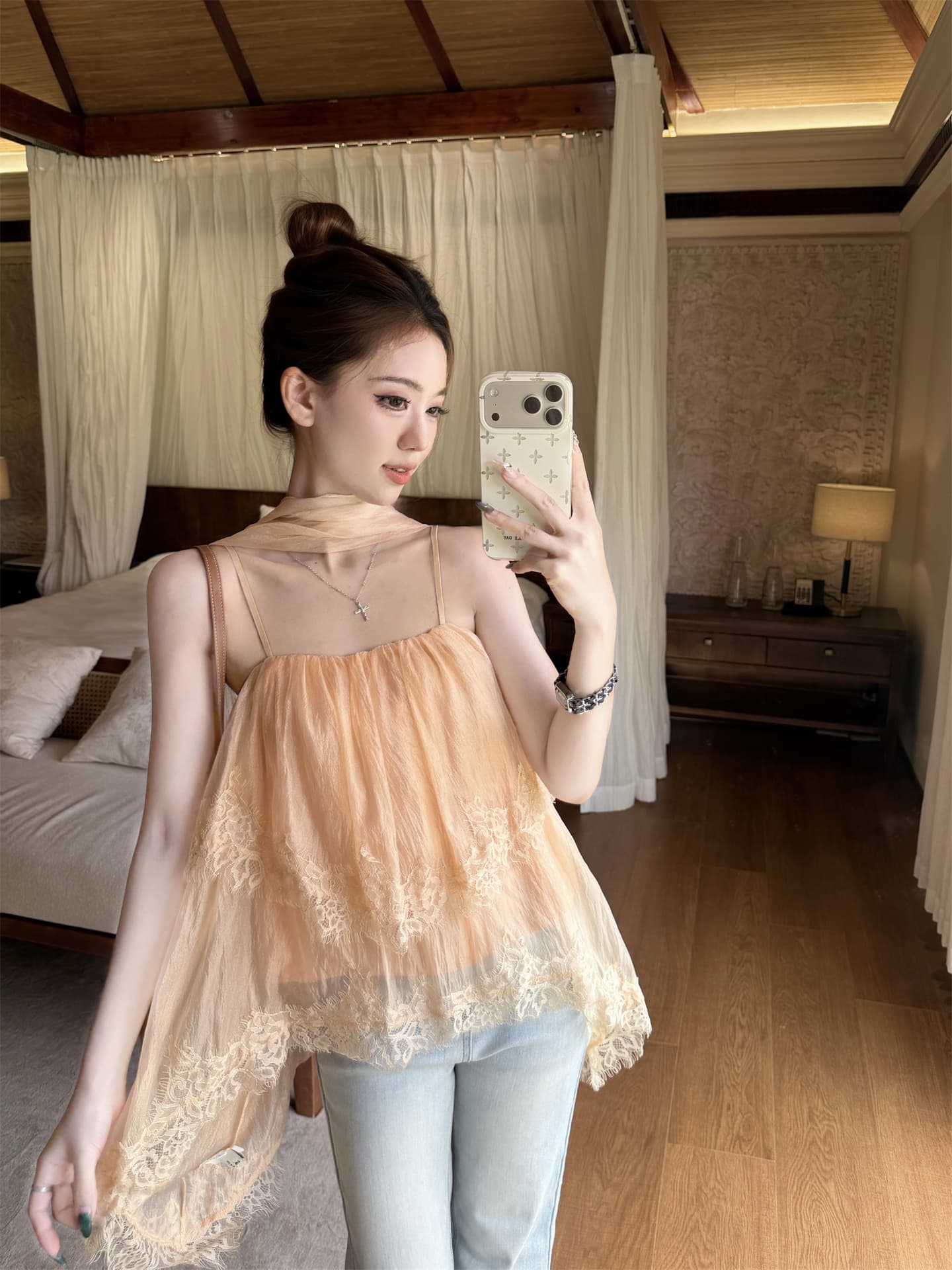 실사 프랑스식 품격 불규칙 레이스 측면 캐미솔 여름 디자인 센스 리본 민소매 맨위 이미지 3