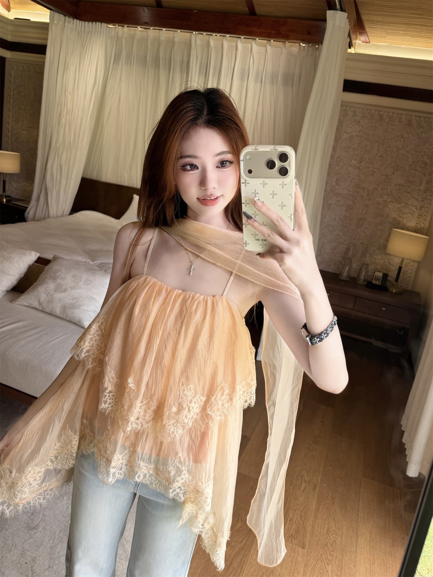 실사 프랑스식 품격 불규칙 레이스 측면 캐미솔 여름 디자인 센스 리본 민소매 맨위 상세 이미지 9