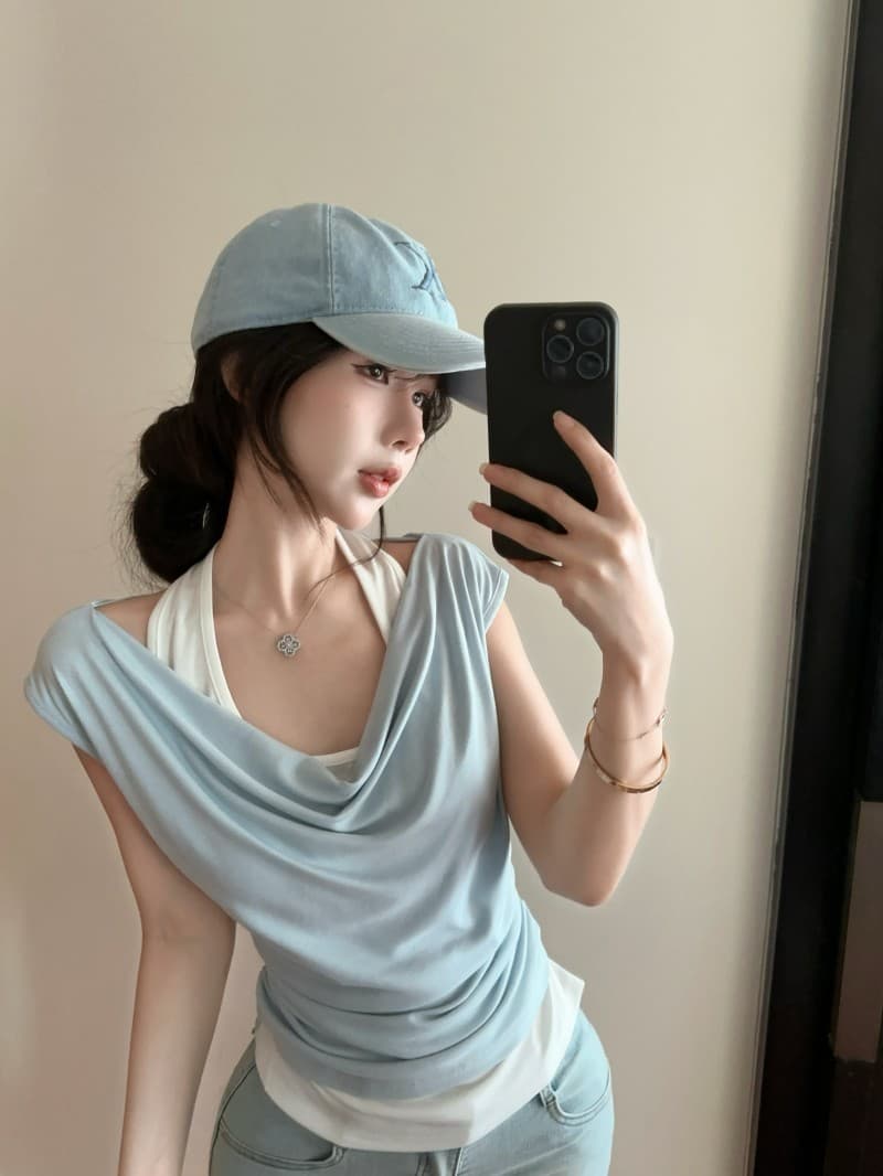 실사 정가 감소되지 않음 디자인 센스 작은 패치워크 페이크 레이어드 맨위 흔들다 칼라 몸매 가꾸기 슬림해 보이는 티셔츠