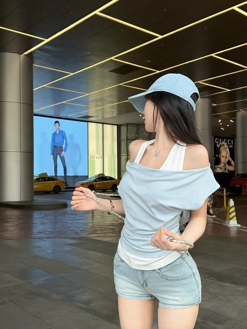 실사 정가 감소되지 않음 디자인 센스 작은 패치워크 페이크 레이어드 맨위 흔들다 칼라 몸매 가꾸기 슬림해 보이는 티셔츠 상세 이미지 2