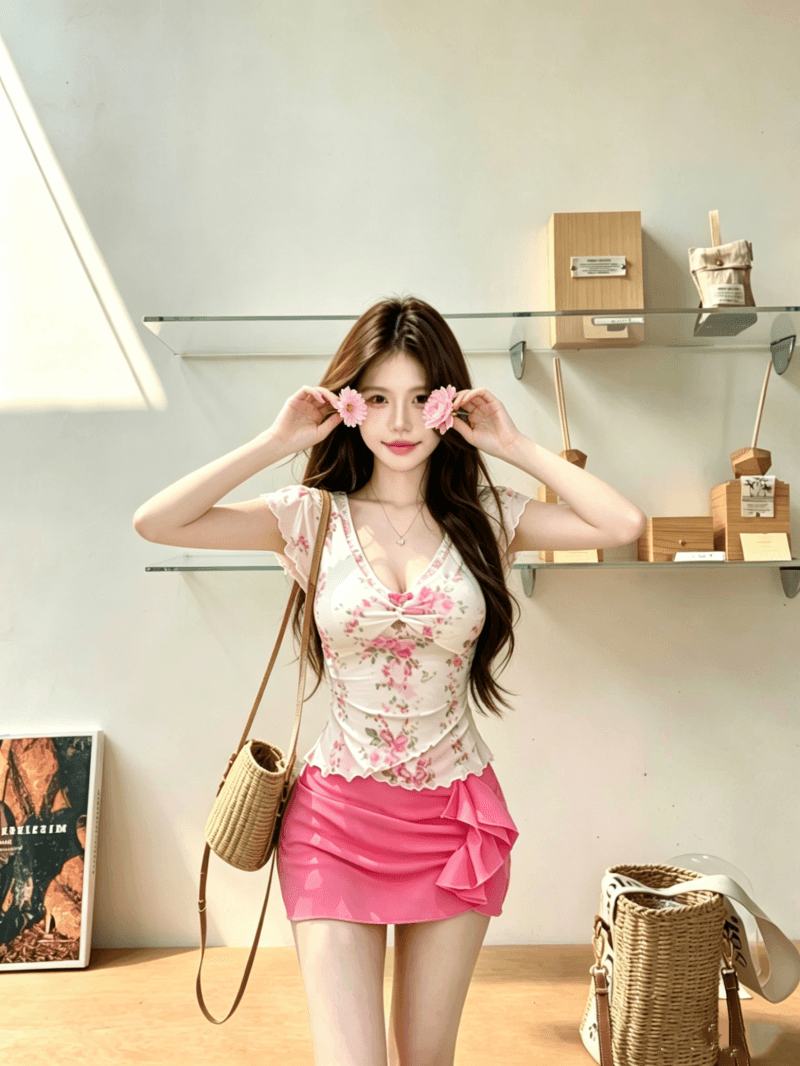 실사 정가 감소되지 않음 달콤한 매운맛 꽃무늬 레이스 V넥 맨위 여성 순수한 반팔 여름 섹시함 타이트 스커트 상세 이미지 6