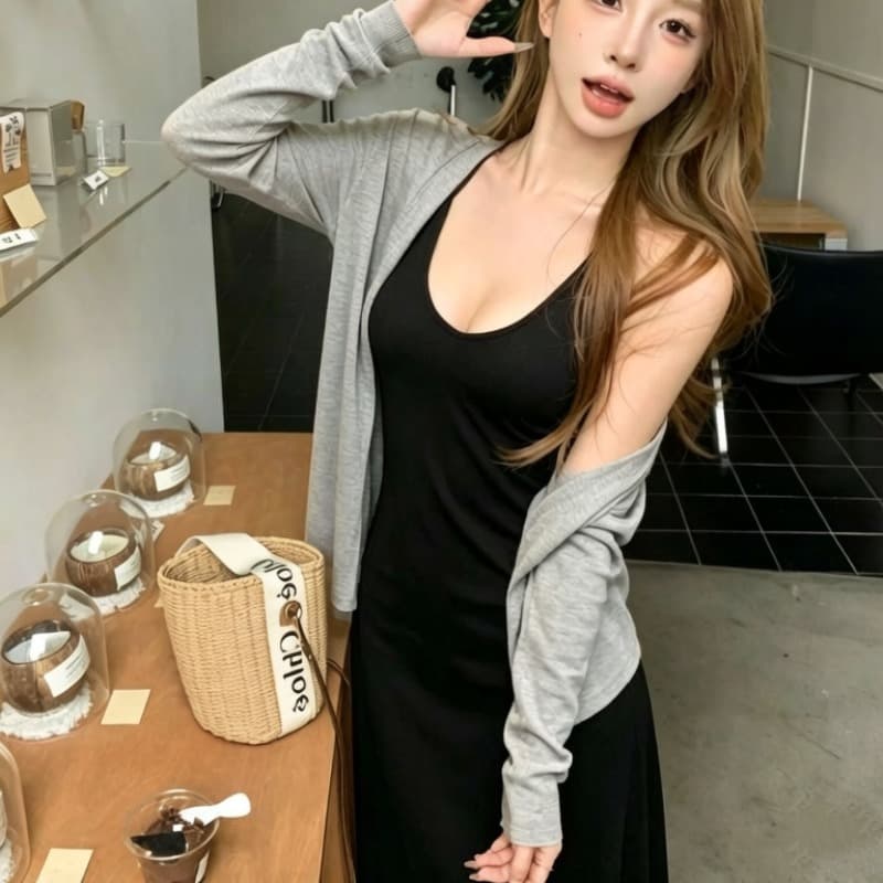 실사 정가 감소되지 않음 슬립 여성 드레스 순수한 욕망 느긋한 바람 다용도 롱 코트 오픈 가디건 세트 이미지 5