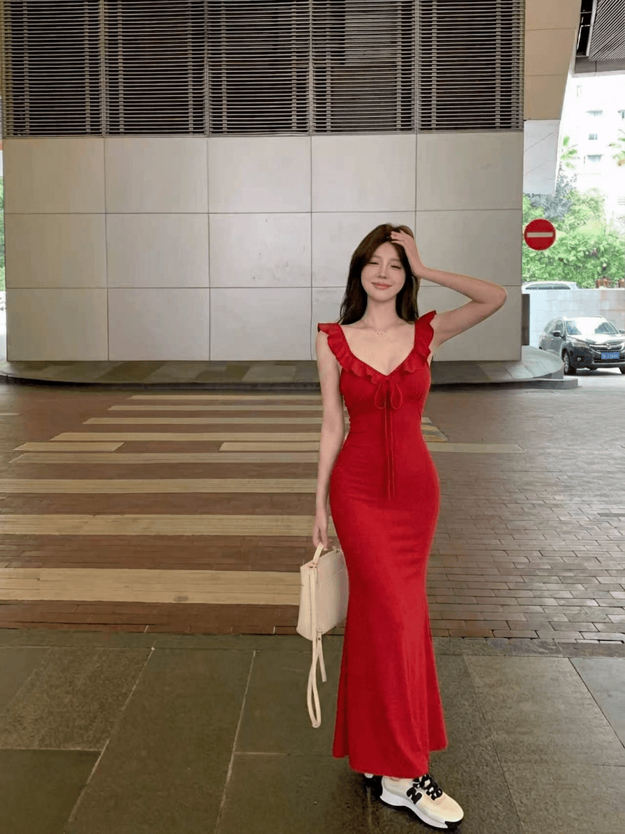 실사 정가 감소되지 않음 매우 긍정적 인 매우 긍정적 인 ~ 중 빨간색 V넥 슬립 여성 드레스 슬림해 보이는 원피스 치마 가슴 패드 상세 이미지 2