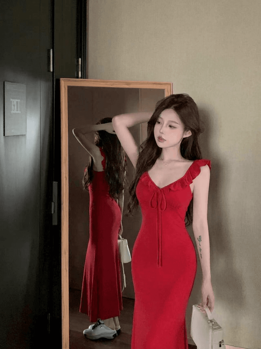 실사 정가 감소되지 않음 매우 긍정적 인 매우 긍정적 인 ~ 중 빨간색 V넥 슬립 여성 드레스 슬림해 보이는 원피스 치마 가슴 패드 상세 이미지 3