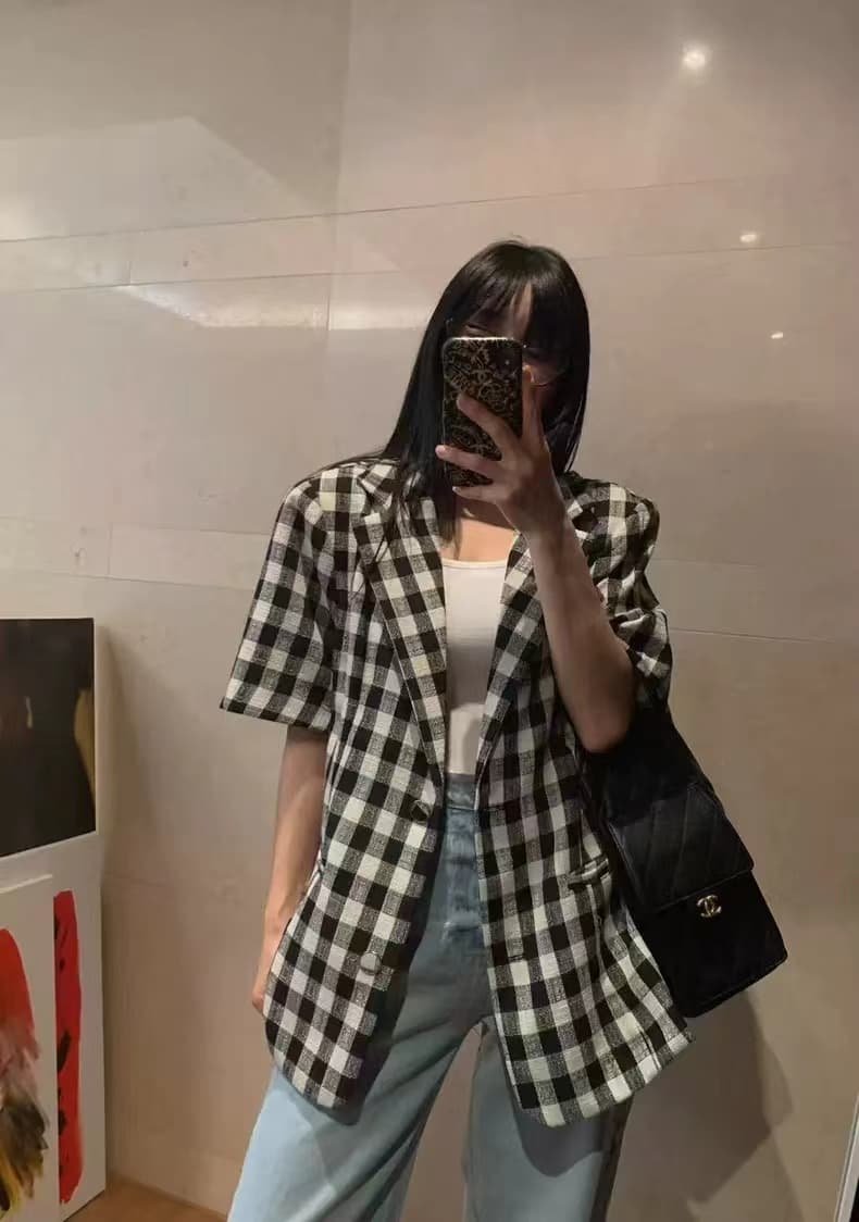 재고 있음 한국 동대문 여름 새로운 패치워크 색상 체크무늬 부서 버클 폴로 칼라 재킷 상세 이미지 4