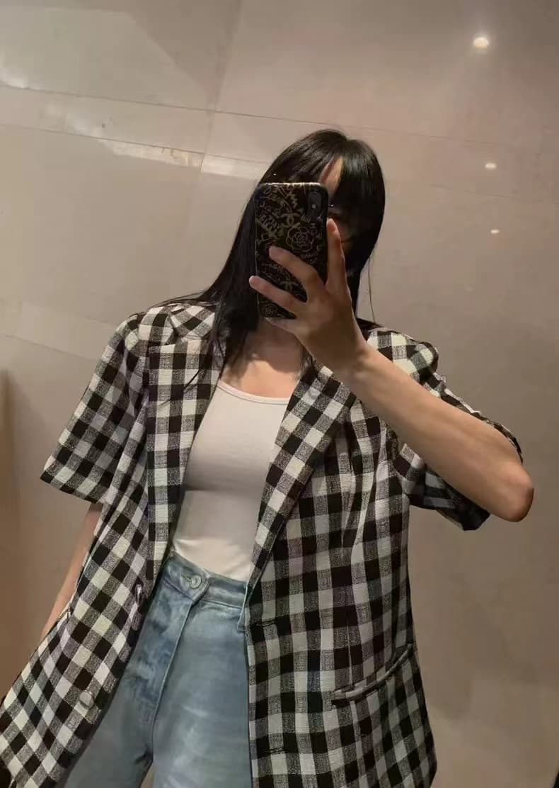 재고 있음 한국 동대문 여름 새로운 패치워크 색상 체크무늬 부서 버클 폴로 칼라 재킷 상세 이미지 5
