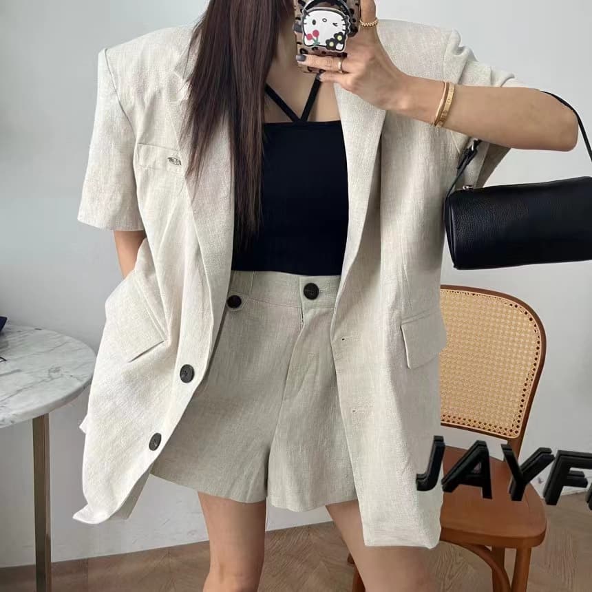 재고 있음 한국 26 여름 여성 반팔 루즈핏 블레이저 하이웨이스트 반바지 패션 세트 상세 이미지 4