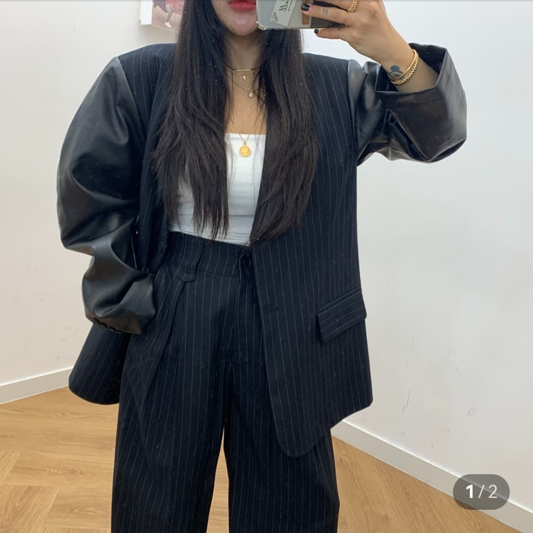 있음 선적 한국 품격 스트라이프 블레이저 하이웨이스트 워크웨어 주머니 조거 와이드 레그 팬츠 세트