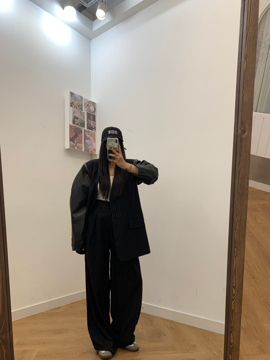 있음 선적 한국 품격 스트라이프 블레이저 하이웨이스트 워크웨어 주머니 조거 와이드 레그 팬츠 세트 이미지 2