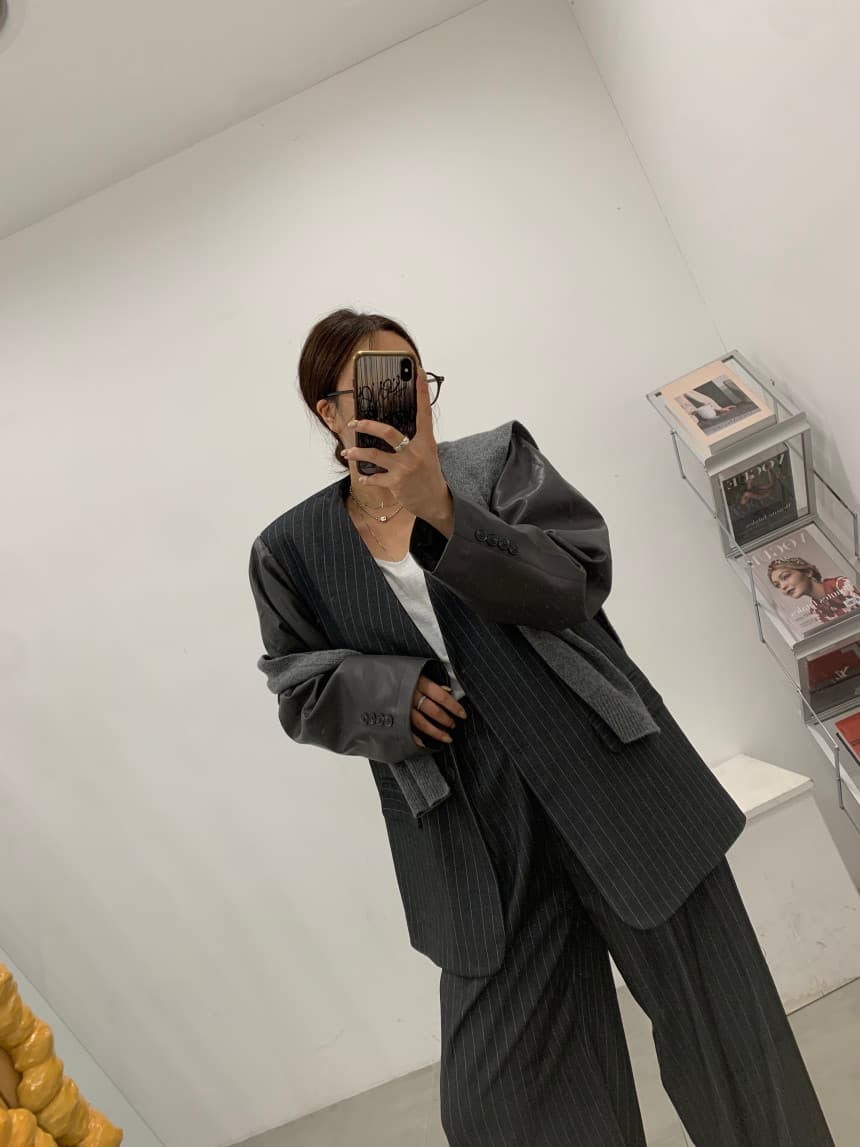 있음 선적 한국 품격 스트라이프 블레이저 하이웨이스트 워크웨어 주머니 조거 와이드 레그 팬츠 세트 이미지 3