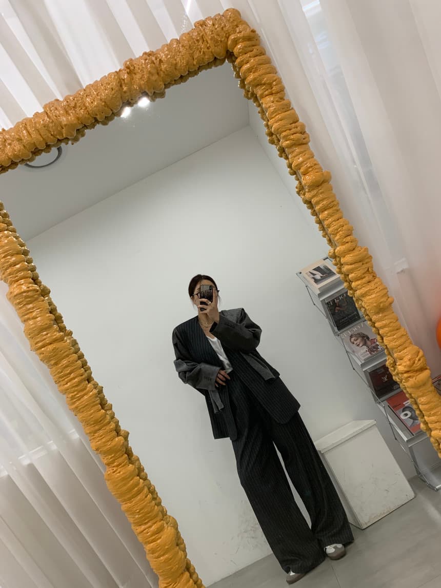 있음 선적 한국 품격 스트라이프 블레이저 하이웨이스트 워크웨어 주머니 조거 와이드 레그 팬츠 세트 상세 이미지 7