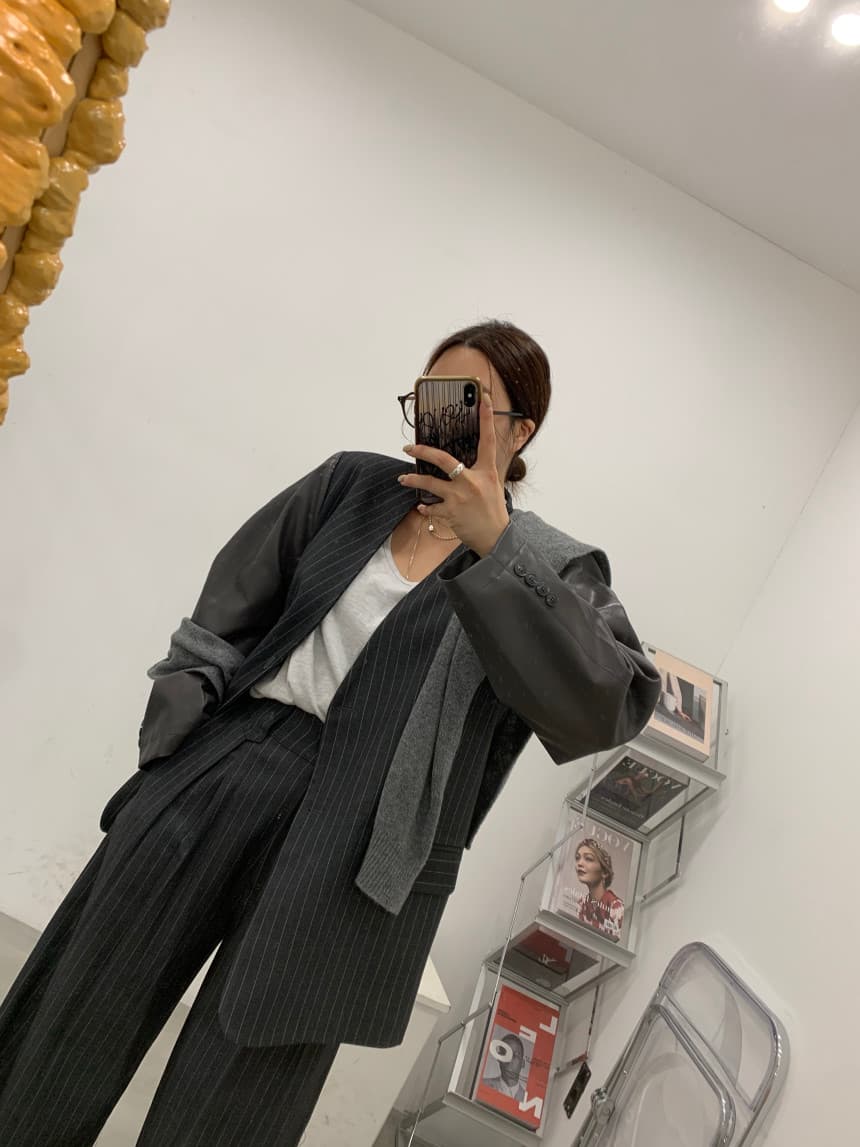 있음 선적 한국 품격 스트라이프 블레이저 하이웨이스트 워크웨어 주머니 조거 와이드 레그 팬츠 세트 상세 이미지 8