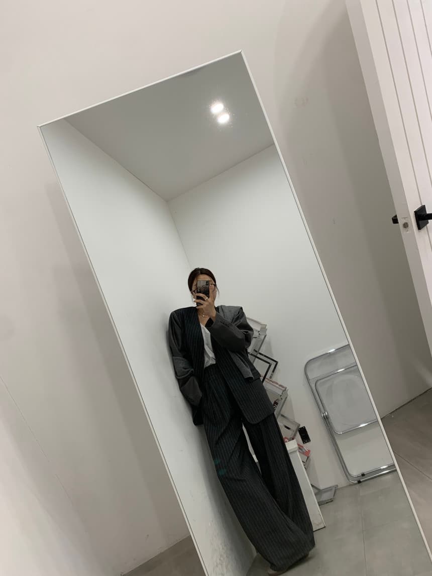 있음 선적 한국 품격 스트라이프 블레이저 하이웨이스트 워크웨어 주머니 조거 와이드 레그 팬츠 세트 상세 이미지 9