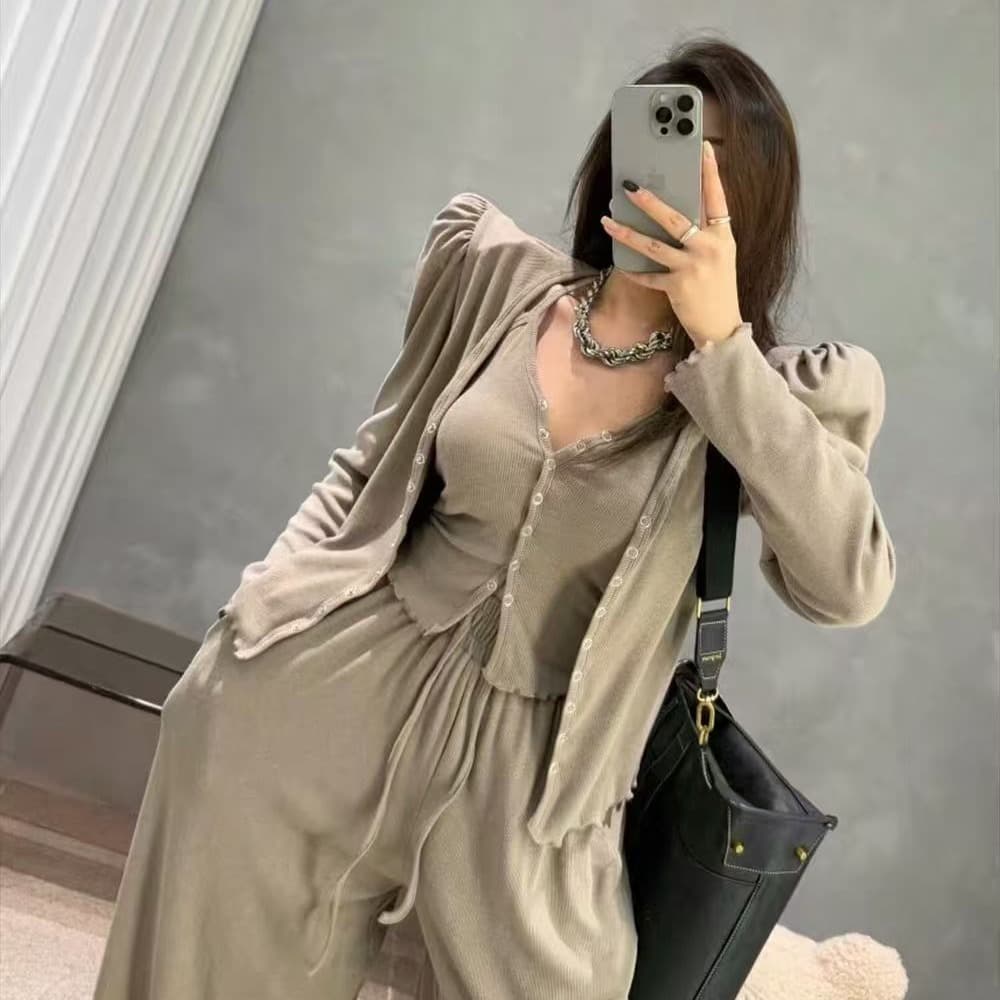 재고 있음 한국 동대문 ins 보 주님 26 봄 품격 어깨 패드 단색 달콤함 슬립 오픈 가디건 캐주얼 바지 3 세트 이미지 5