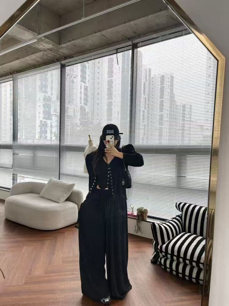 재고 있음 한국 동대문 ins 보 주님 26 봄 품격 어깨 패드 단색 달콤함 슬립 오픈 가디건 캐주얼 바지 3 세트 상세 이미지 2
