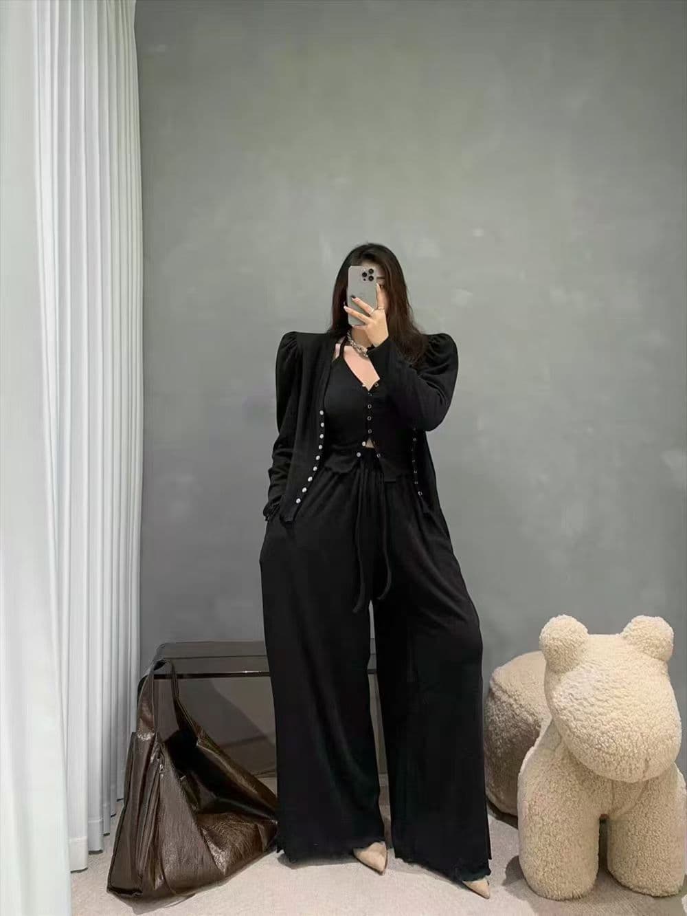 재고 있음 한국 동대문 ins 보 주님 26 봄 품격 어깨 패드 단색 달콤함 슬립 오픈 가디건 캐주얼 바지 3 세트 상세 이미지 3