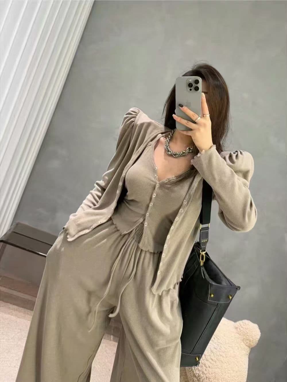 재고 있음 한국 동대문 ins 보 주님 26 봄 품격 어깨 패드 단색 달콤함 슬립 오픈 가디건 캐주얼 바지 3 세트 상세 이미지 6