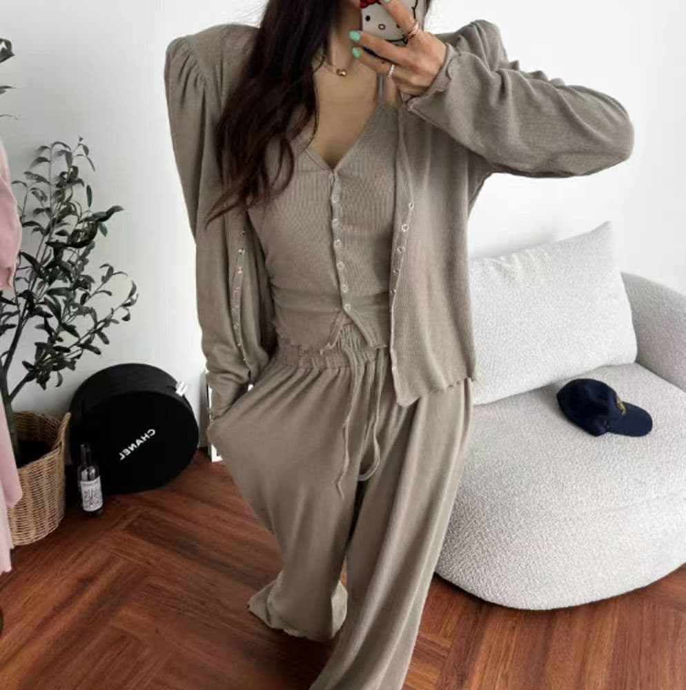 재고 있음 한국 동대문 ins 보 주님 26 봄 품격 어깨 패드 단색 달콤함 슬립 오픈 가디건 캐주얼 바지 3 세트 상세 이미지 7