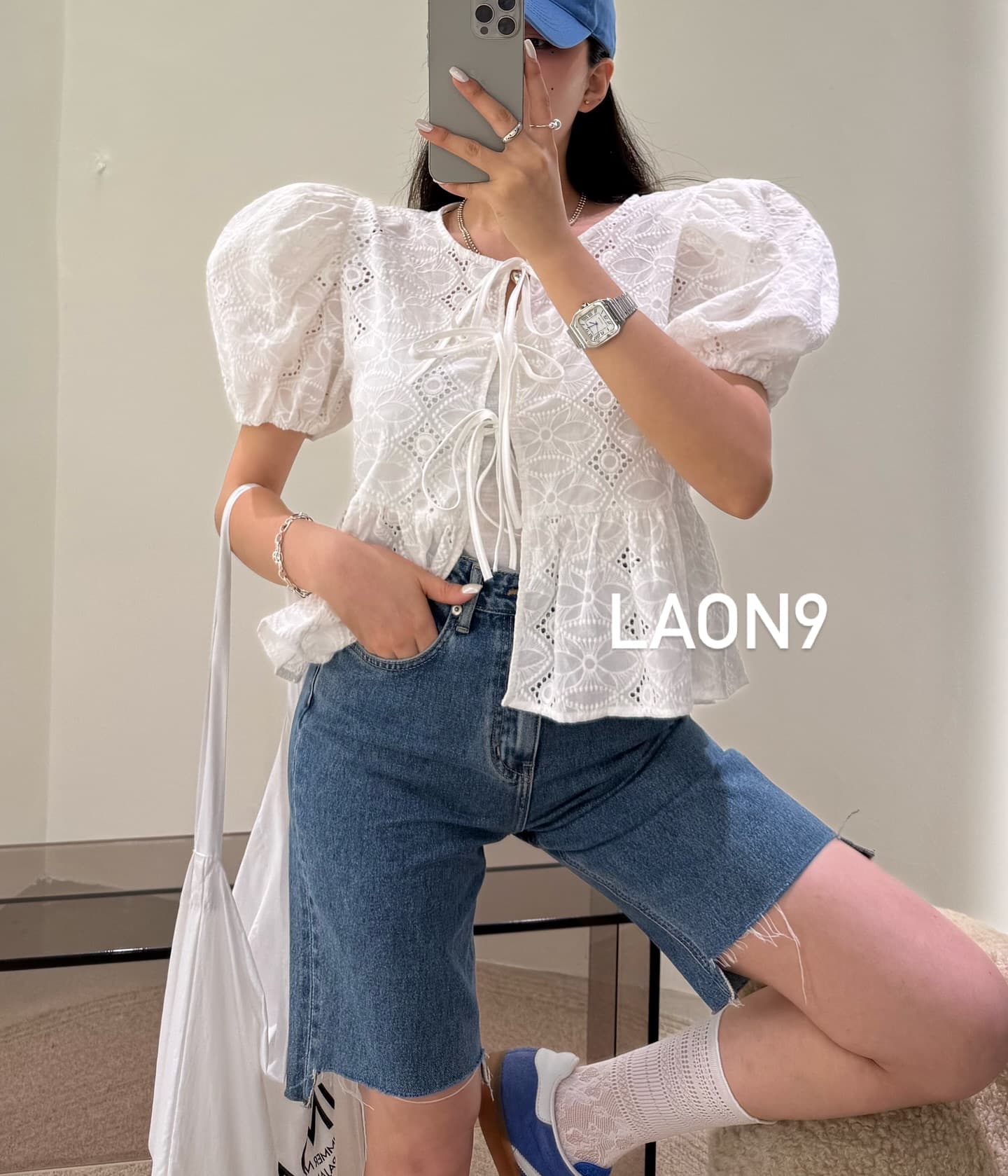 재고 있음 거품 소매 나비 넥타이 허리 수축 자카드 셔츠 이미지 3
