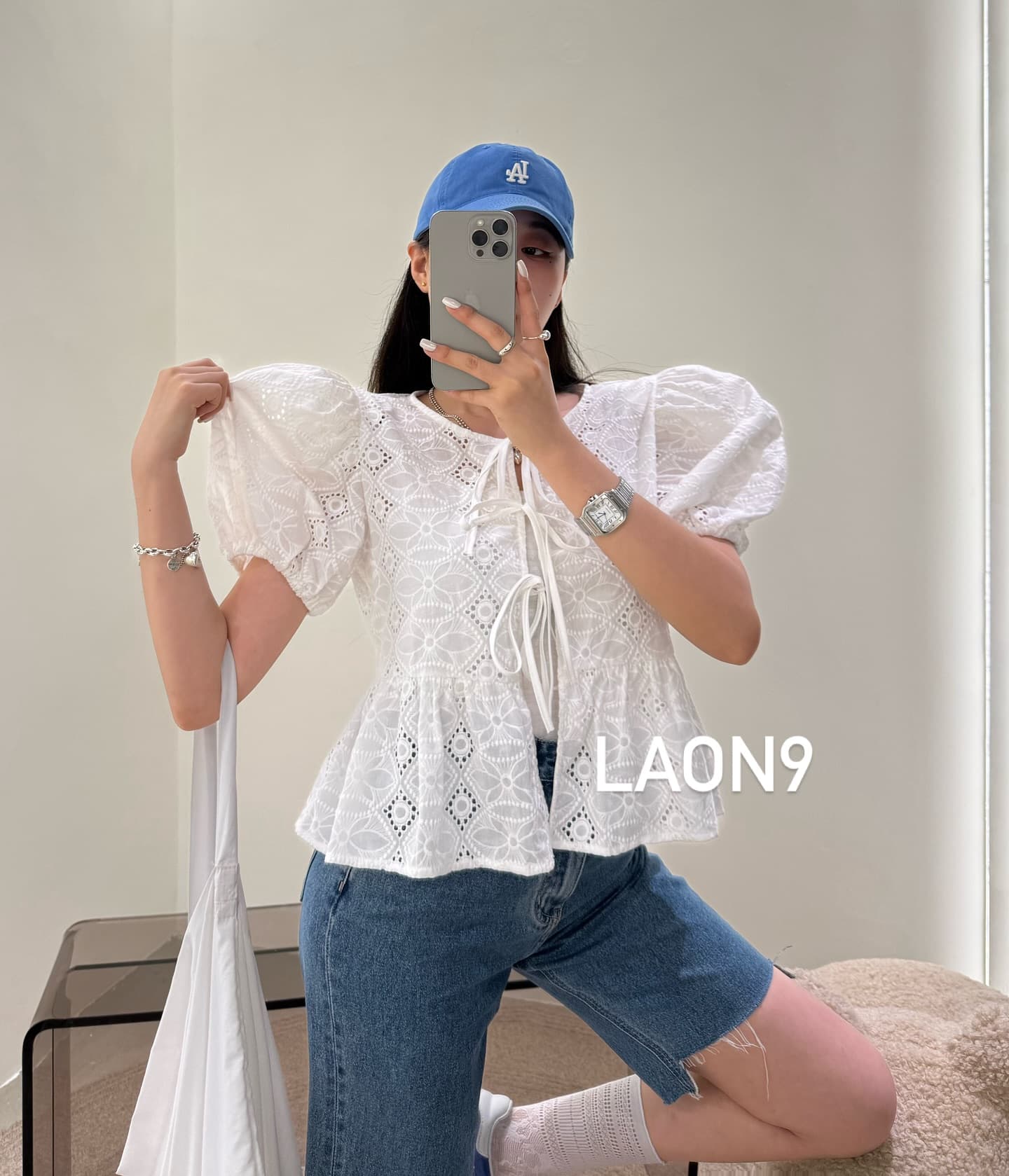 재고 있음 거품 소매 나비 넥타이 허리 수축 자카드 셔츠 상세 이미지 1