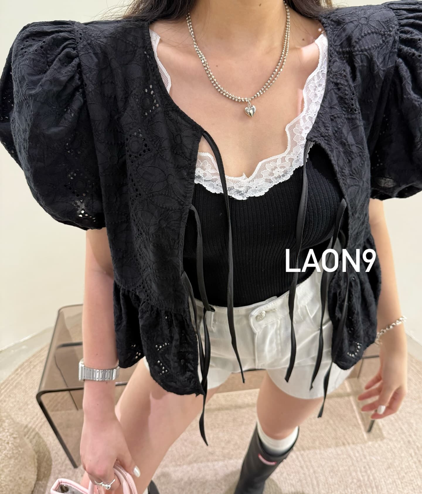 재고 있음 거품 소매 나비 넥타이 허리 수축 자카드 셔츠 상세 이미지 5