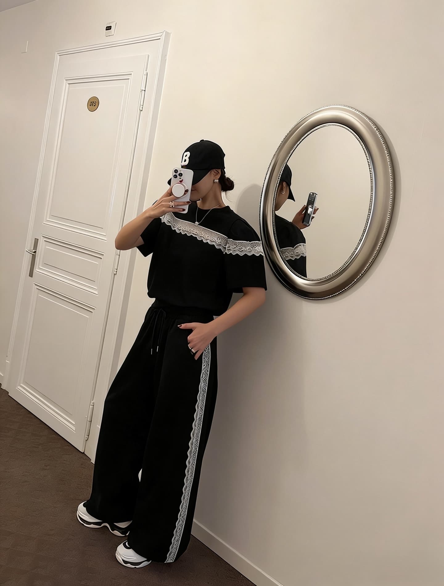 재고 있음 한 부서 패션 세트 레이스 레이스 꾸밈음 후드티 플러스 하이웨이스트 캐주얼 투피스 세트 이미지 3