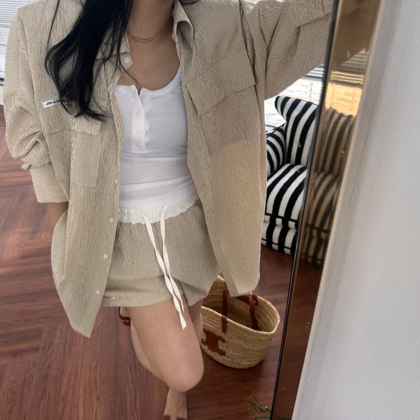 재고 있음 새로운 패션 다용도 오픈 가디건 긴팔 셔츠 펌프 로프 캐주얼 반바지 세트 상세 이미지 4