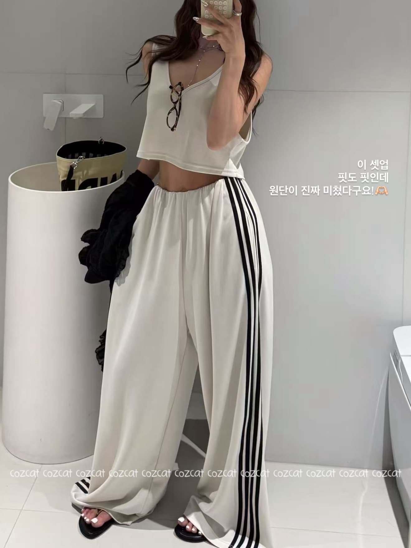 재고 있음 한국 스타일 슬립 작은 조끼 하이웨이스트 스트레이트 넓은 다리 조거 바지 캐주얼 운동 웨이 바지 느긋한 투피스 세트 상세 이미지 3