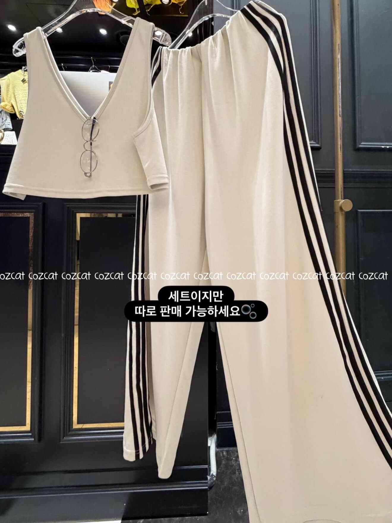 재고 있음 한국 스타일 슬립 작은 조끼 하이웨이스트 스트레이트 넓은 다리 조거 바지 캐주얼 운동 웨이 바지 느긋한 투피스 세트 상세 이미지 8