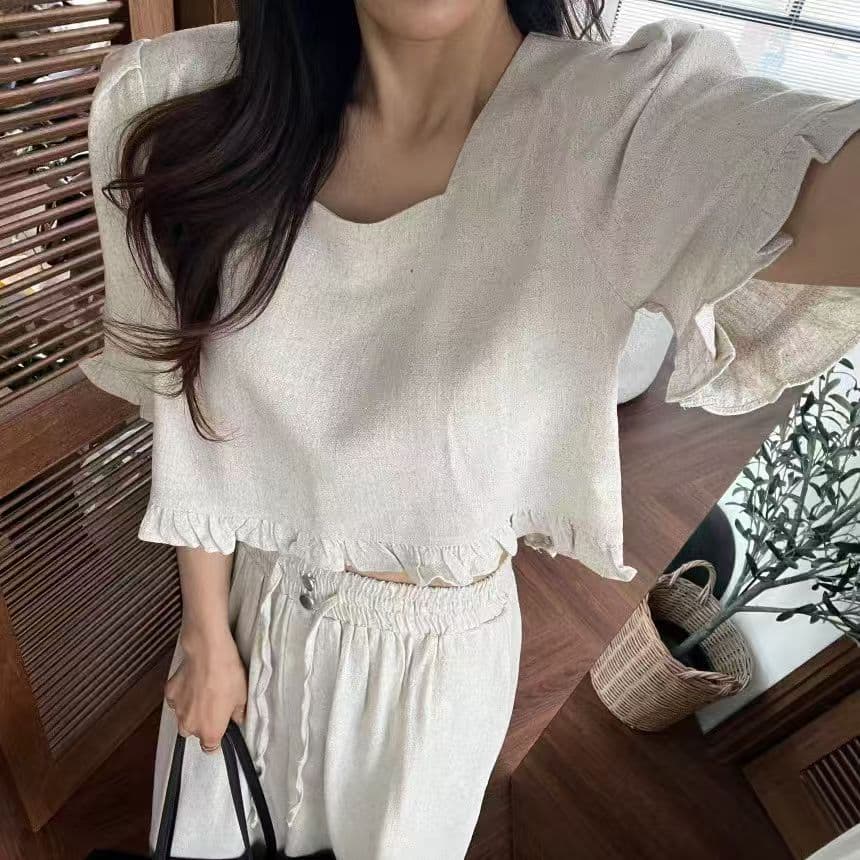 재고 있음 2026 봄 여름 부드러운 바람 광장 칼라 반팔 맨위 루즈핏 캐주얼 바지 투피스 세트 여성복 상세 이미지 4