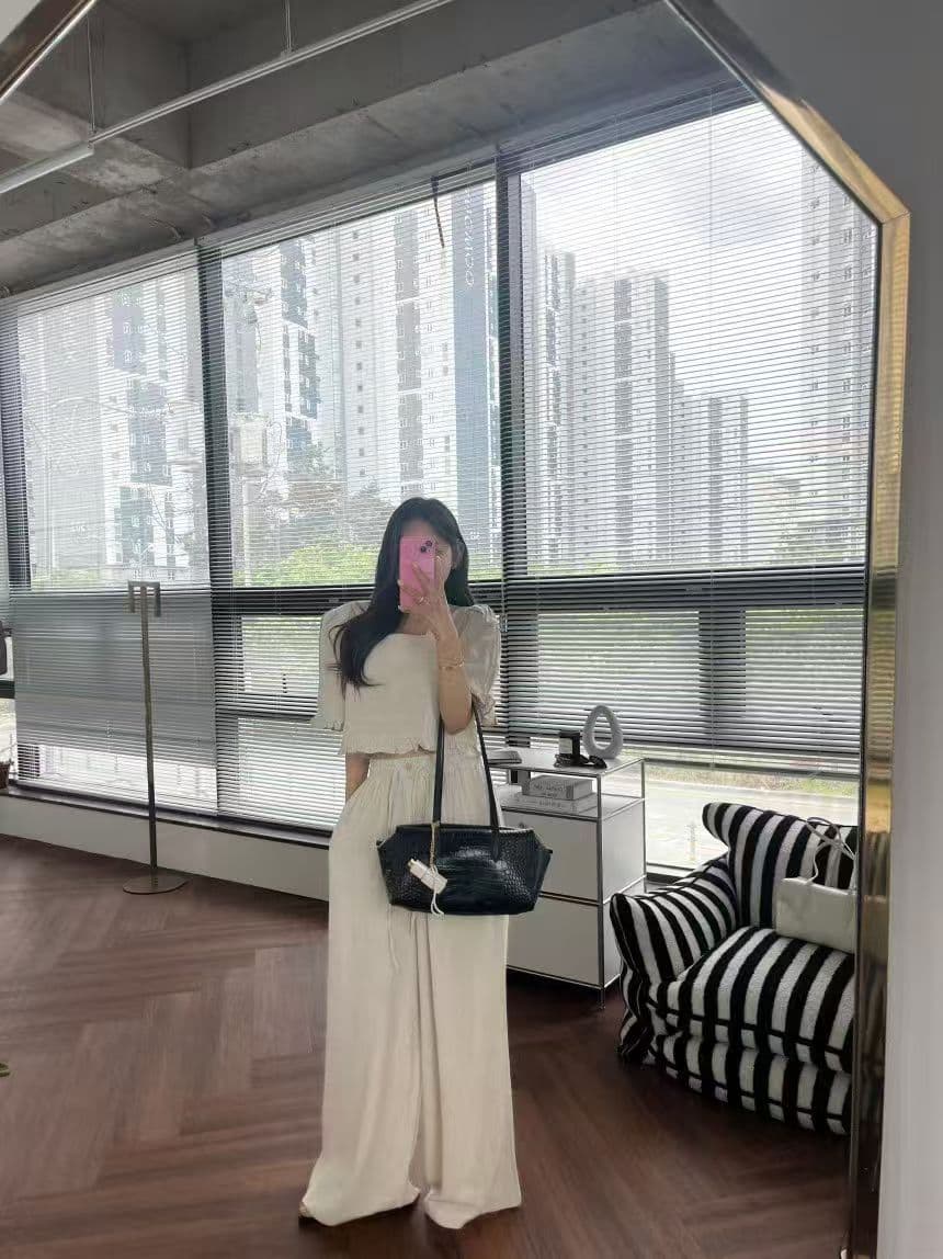 재고 있음 2026 봄 여름 부드러운 바람 광장 칼라 반팔 맨위 루즈핏 캐주얼 바지 투피스 세트 여성복 상세 이미지 5