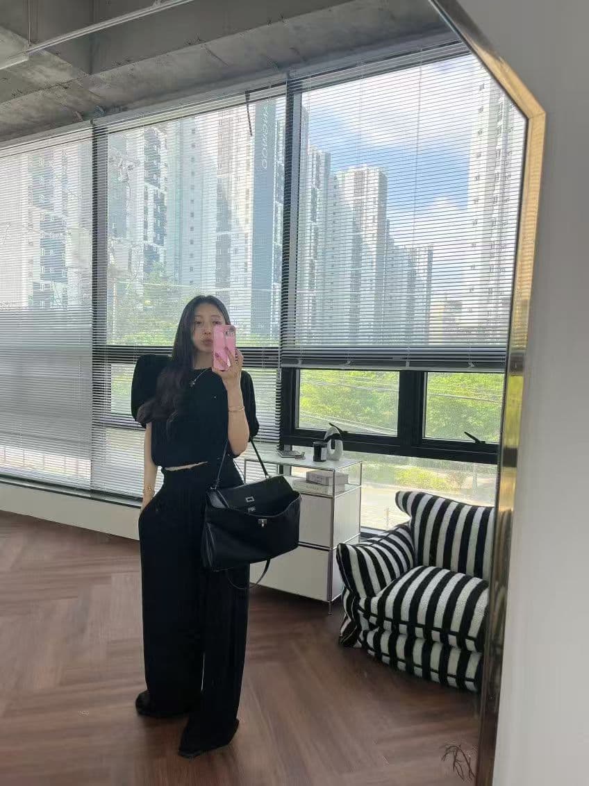 재고 있음 한국 동대문 여름 섹션 루즈핏 거품 소매 맨위 캐주얼 바지 세트 상세 이미지 7