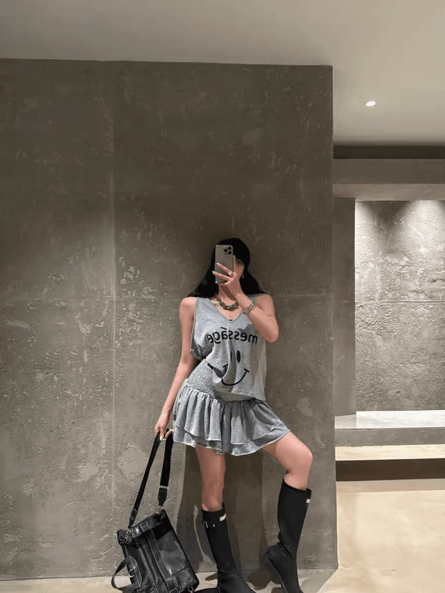 재고 있음 한국 ins 보 주님 26 여름 패션 웃는 얼굴 슬림해 보이는 조끼 하이웨이스트 다중 레이어 미니 스커트 세트 여성 상세 이미지 18