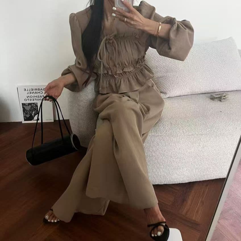 재고 있음 한 스타일 허리 수축 레이스업 캐주얼 세트 바지 상세 이미지 4