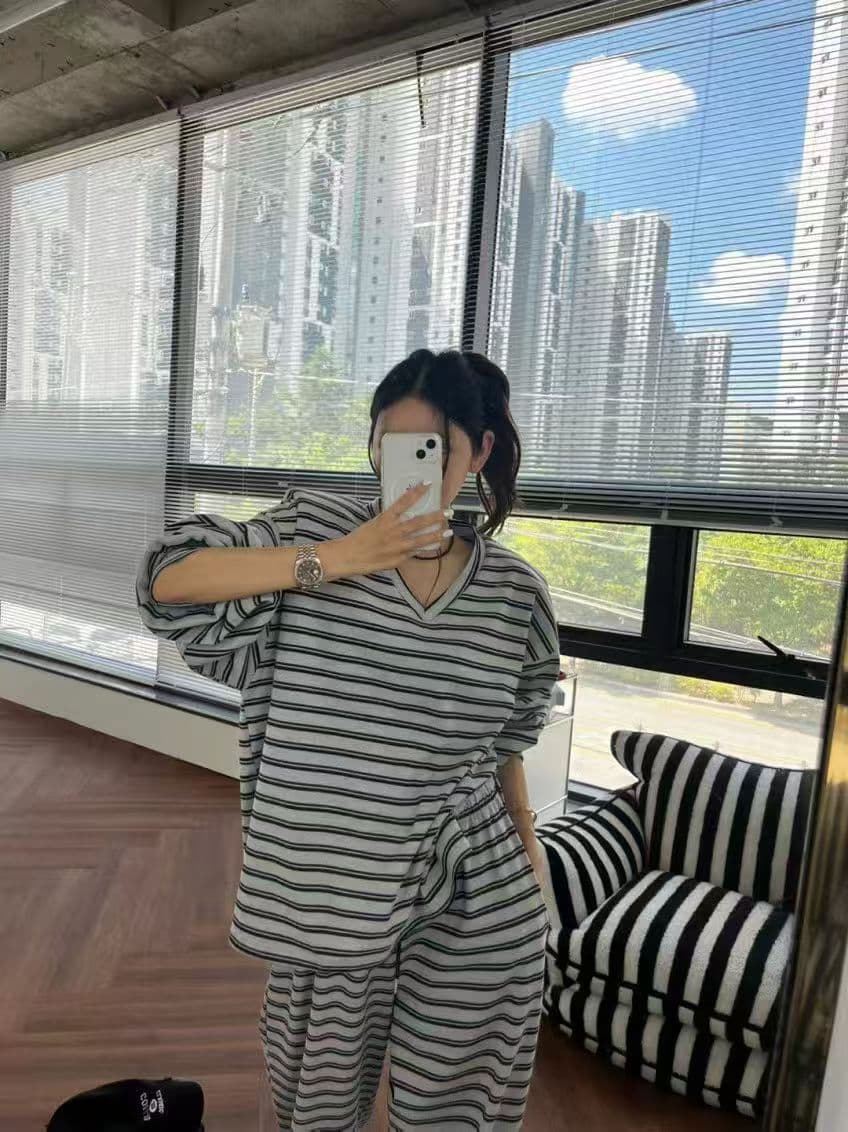 재고 있음 한 스타일 캐주얼 루즈핏 넓은 다리 세트 바지 이미지 4