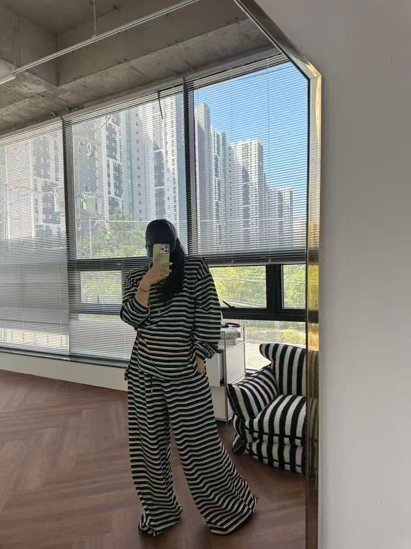 재고 있음 한 스타일 캐주얼 루즈핏 넓은 다리 세트 바지 상세 이미지 5