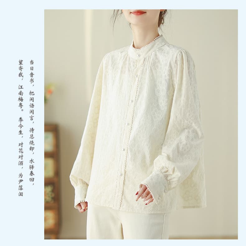 실사 2026 봄 가을 Chic 스탠드 칼라 레이스 자수 작은 꽃 셔츠 봄 여름 레트로 프랑스식 소녀 셔츠 상세 이미지 10