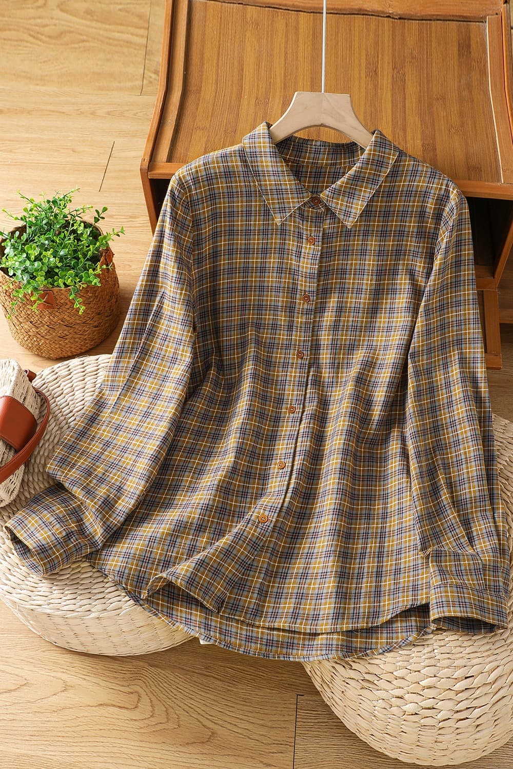 실사 2026 봄 가을 면 격자 무늬 셔츠 여성 출퇴근 폴로 칼라 캐주얼 맨위 루즈핏 다용도 긴팔 셔츠 여성 이미지 6