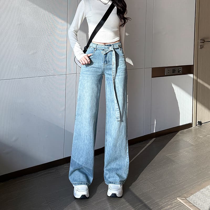 봄 새로운 허리 머리 레이스업 디자인 데님 모통이 칼 바지 여성 다용도 레트로 워싱 하늘색 하이웨이스트 넓은 다리 길이 바지 이미지 4