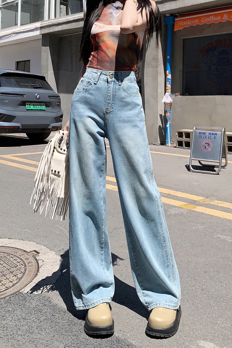 하늘색 넓은 다리 청바지 여성 가을 겨울철 레트로 노스탤지어 배색 가죽 카드 털이 있는 좁은 에디션 바닥 청소 도루 센스 롱 바지 이미지 7