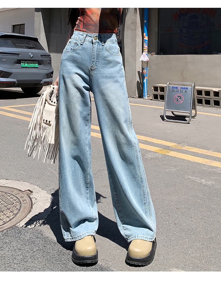 하늘색 넓은 다리 청바지 여성 가을 겨울철 레트로 노스탤지어 배색 가죽 카드 털이 있는 좁은 에디션 바닥 청소 도루 센스 롱 바지 상세 이미지 13