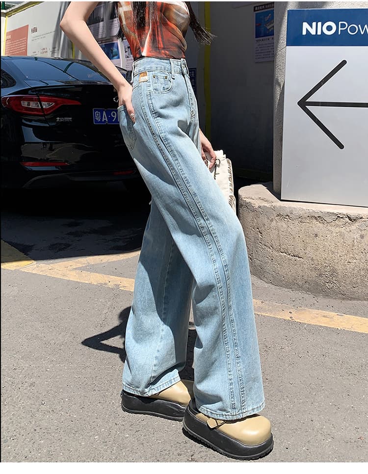 하늘색 넓은 다리 청바지 여성 가을 겨울철 레트로 노스탤지어 배색 가죽 카드 털이 있는 좁은 에디션 바닥 청소 도루 센스 롱 바지 상세 이미지 14