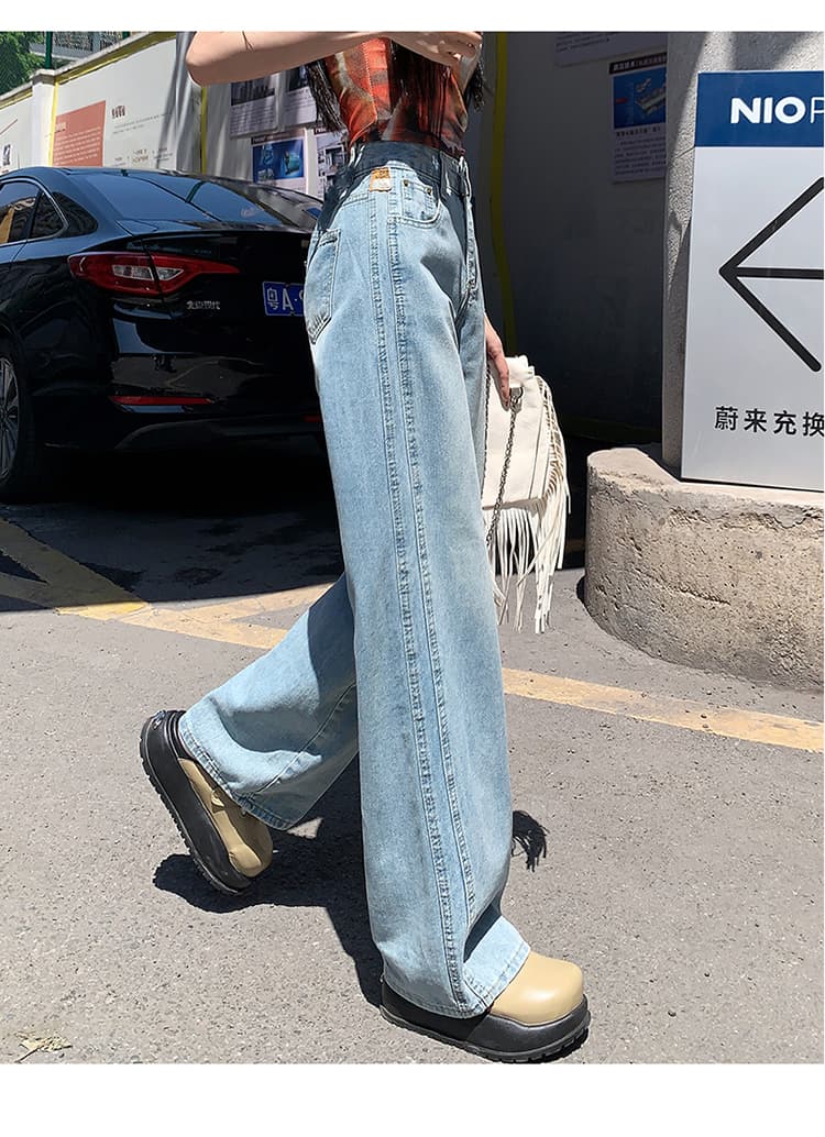 하늘색 넓은 다리 청바지 여성 가을 겨울철 레트로 노스탤지어 배색 가죽 카드 털이 있는 좁은 에디션 바닥 청소 도루 센스 롱 바지 상세 이미지 22