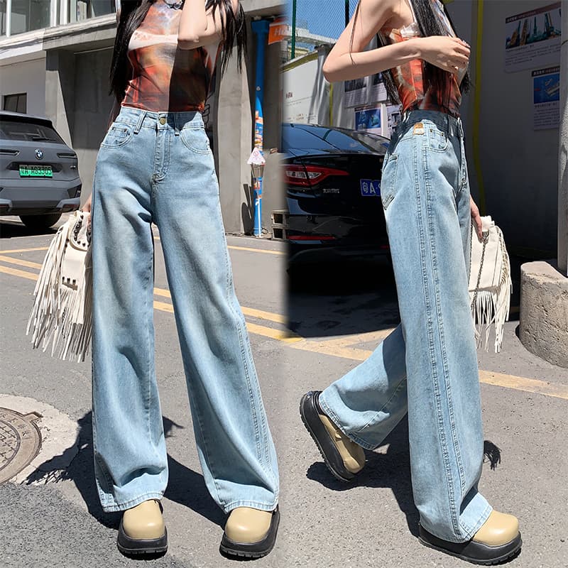하늘색 넓은 다리 청바지 여성 가을 겨울철 레트로 노스탤지어 배색 가죽 카드 털이 있는 좁은 에디션 바닥 청소 도루 센스 롱 바지 이미지 2