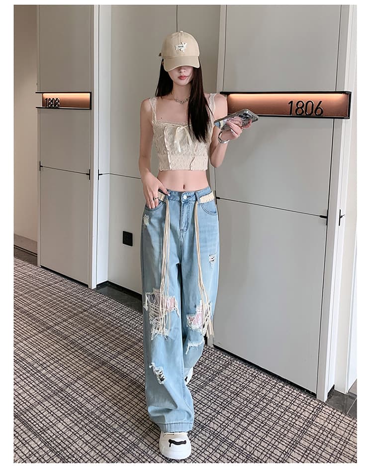 찢어진 부분 홀로우 아웃 레이스 스트레이트 청바지 여성 2026 봄 여름 패션 외국 가스 디자인 센스 넓은 다리 루즈핏 와이드 레그 팬츠 상세 이미지 16