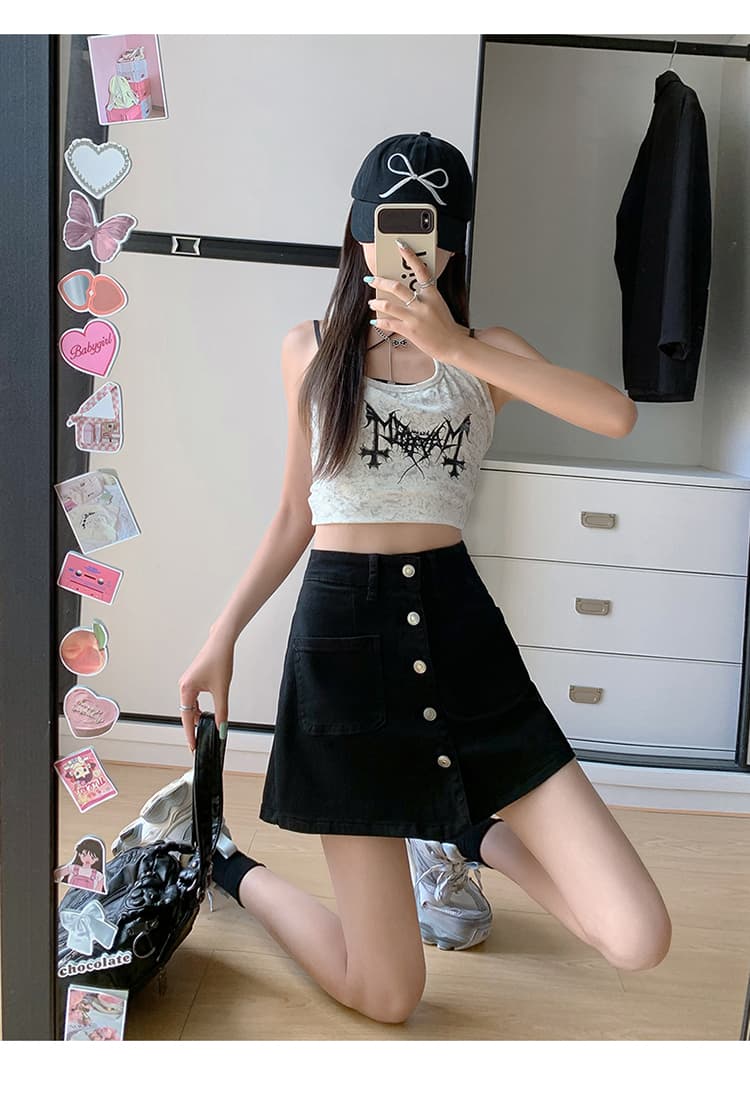 데님 짧은 바지 여성 봄 여름 새로운 하이웨이스트 페이크 레이어드 노출 방지 넓은 다리 한 마디 타이트 스커트 반신 미니 스커트 바지 상세 이미지 16