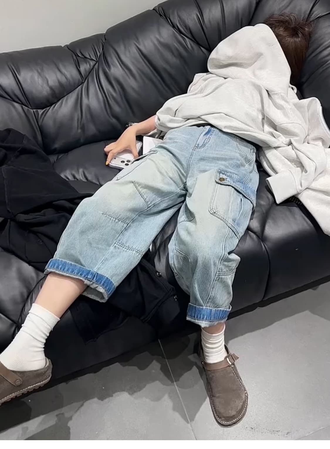 파란색 주머니 작은 키 워크웨어 청바지 여성 2026 여름 새로운 패션 하이웨이스트 루즈핏 넓은 다리 9부 바지 상세 이미지 10