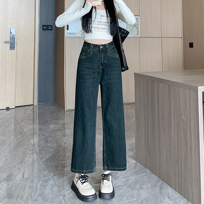 2026 여름 작은 키 좁은 에디션 레트로 블루 스트레이트 청바지 여성 주머니 디자인 하이웨이스트 9 포인트 캐주얼 스트레이트 팬츠 이미지 3
