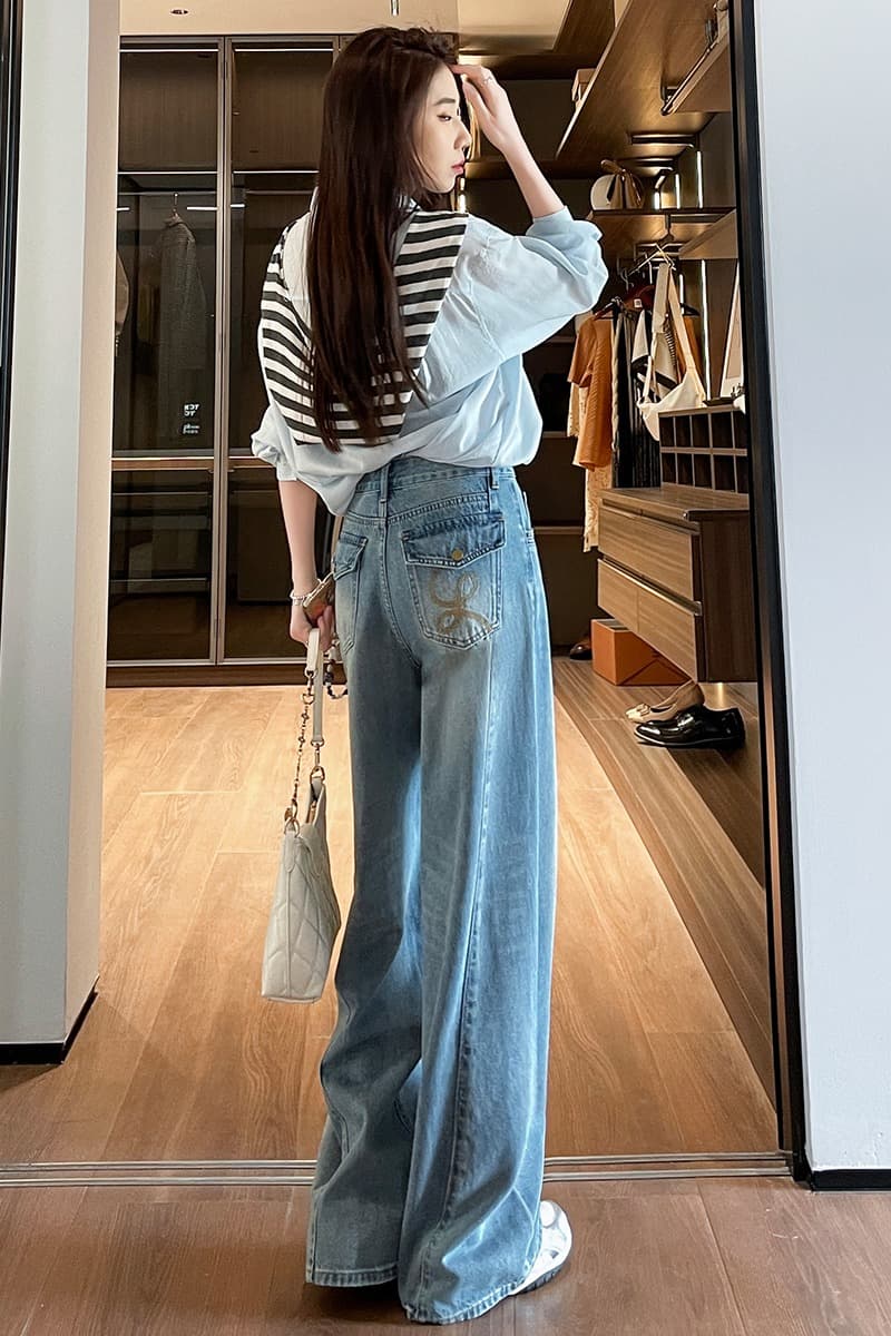 작은 키 밝은색 자수 청바지 2026 여름 하이웨이스트 루즈핏 새로운 스트레이트 팬츠 슬림해 보이는 모통이 칼 와이드 레그 팬츠 이미지 7