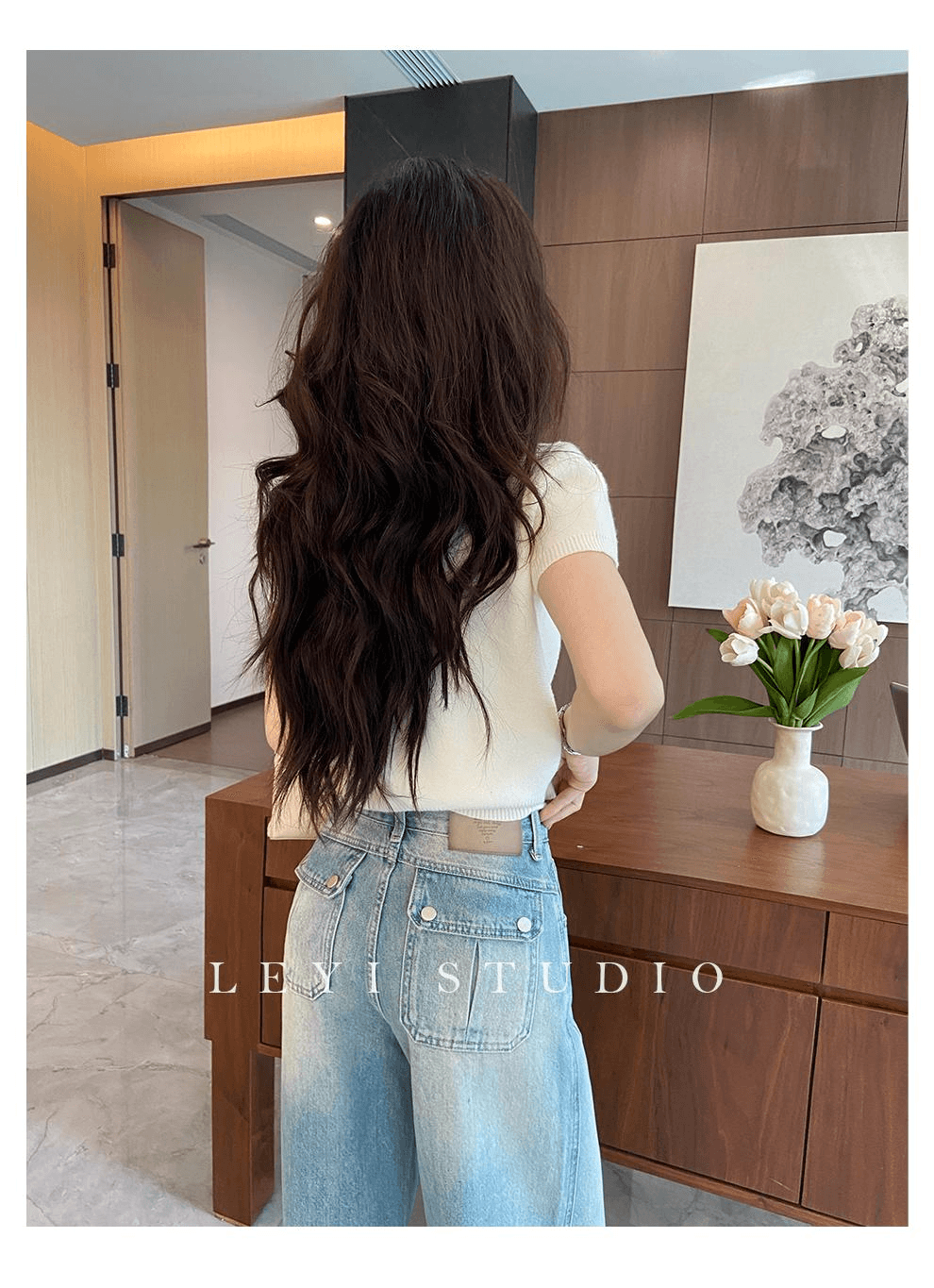 여름 작은 키 파란색 청바지 모통이 칼 바지 여성 스트레이트 와이드 레그 팬츠 중 하이웨이스트 슬림해 보이는 다용도 얇은 스타일 새로운 상세 이미지 1
